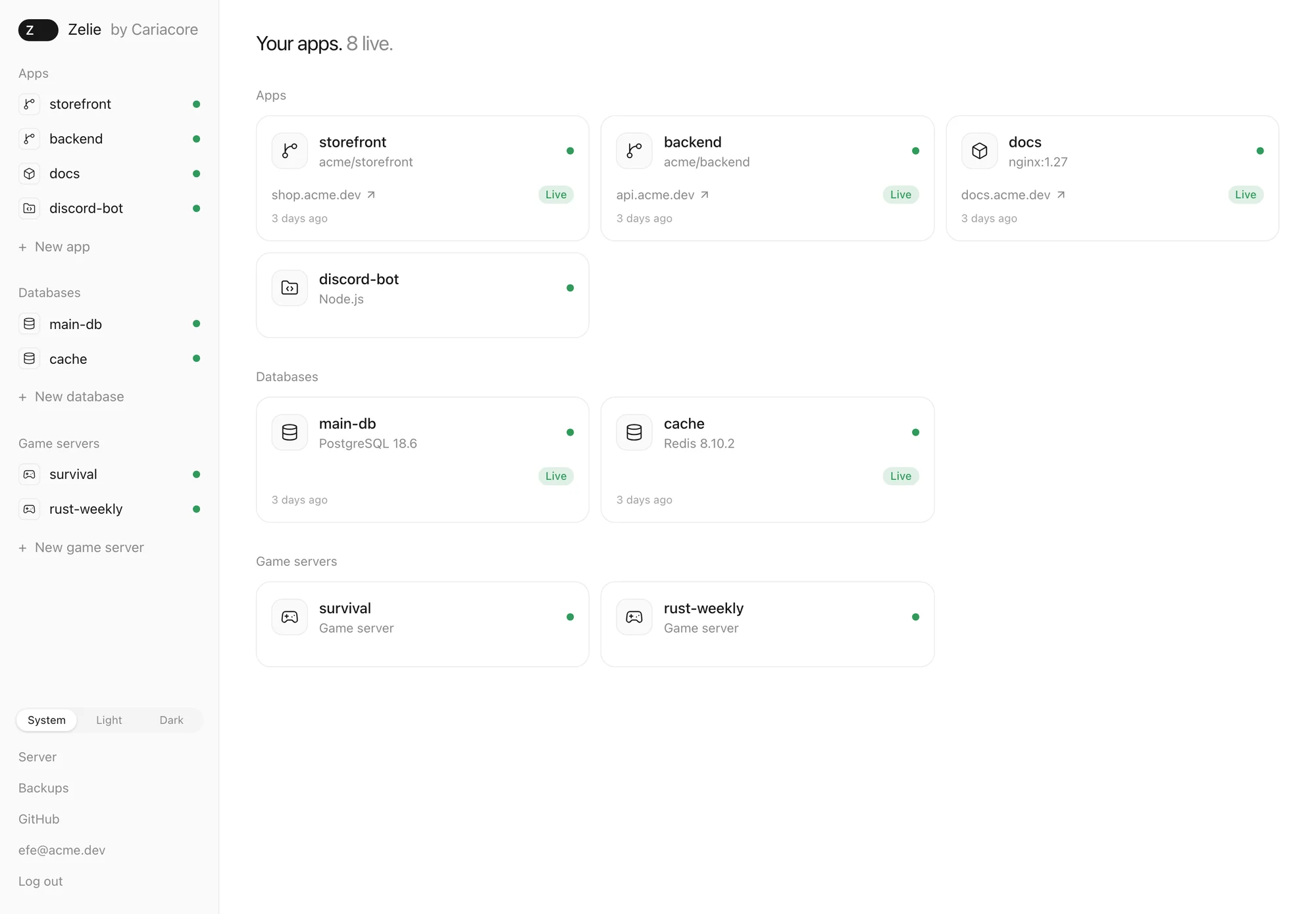 The Zelie home page. A sidebar lists apps, databases and game servers, each with a green dot. The main area shows the same eight as cards under "Your apps. 8 live.": four apps with their domains, a PostgreSQL and a Redis database, and two game servers.