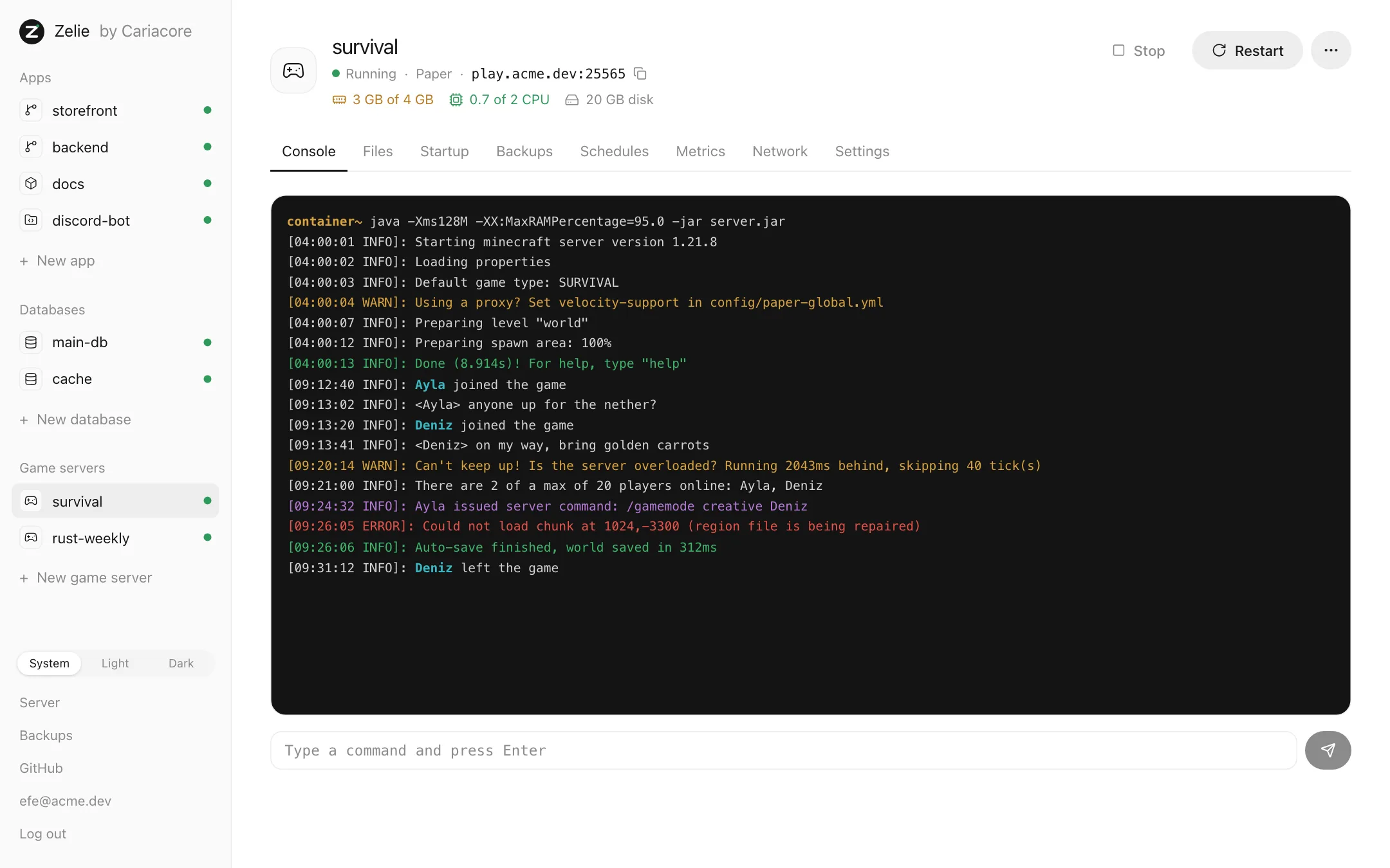 A Minecraft server’s live console in Zelie