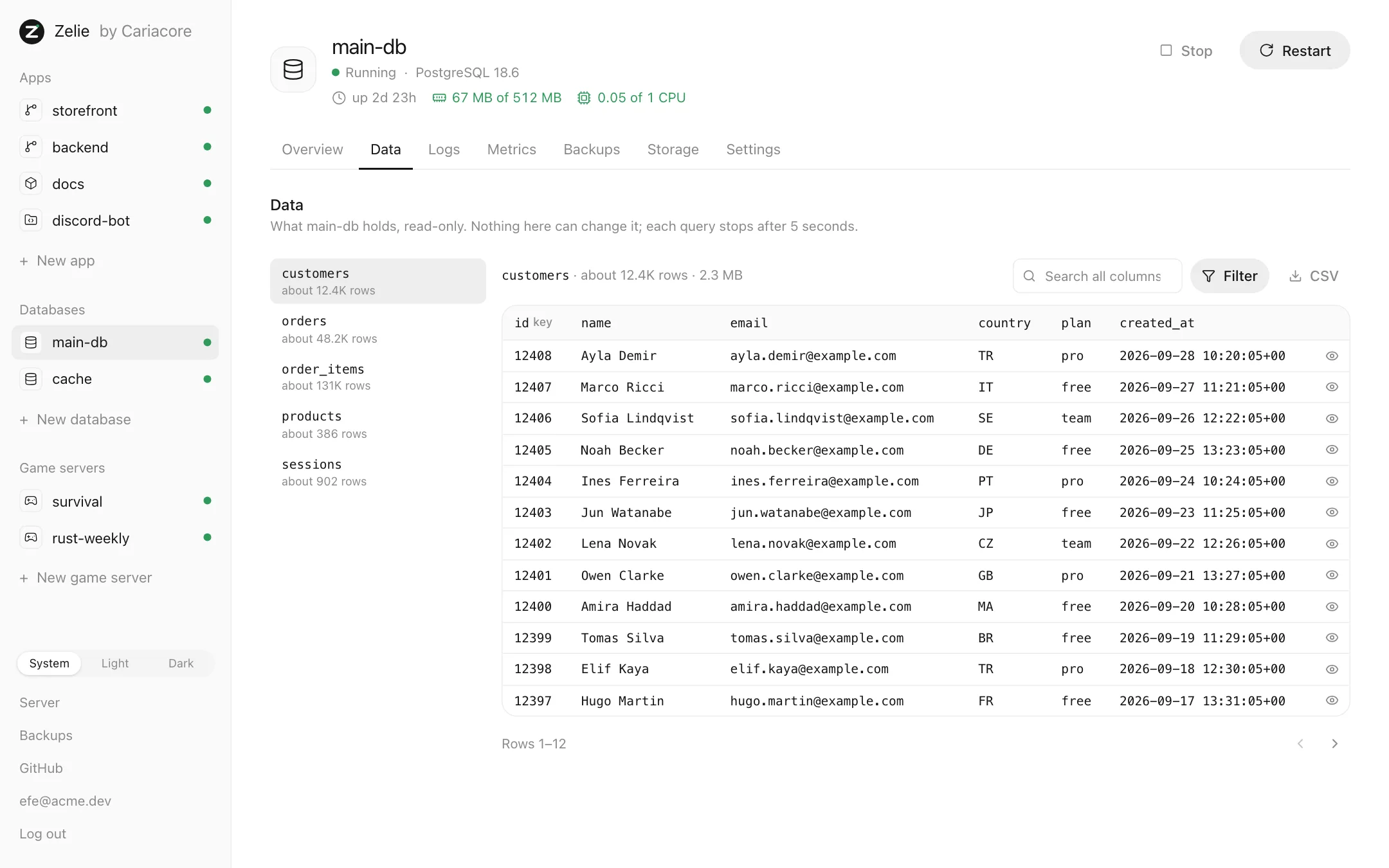 A PostgreSQL database’s tables, browsed read-only in Zelie