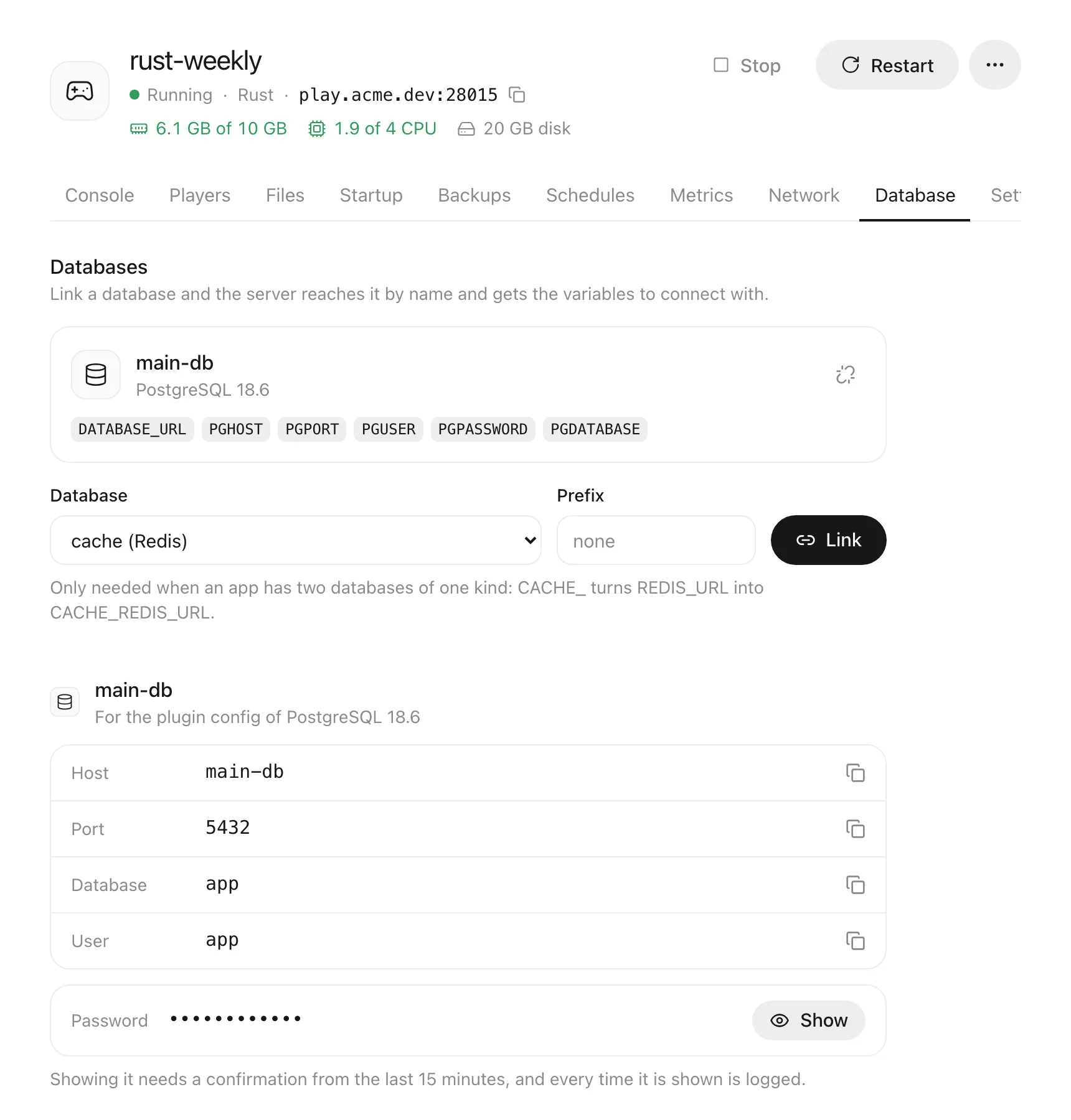 Bir oyun sunucusunun Veritabanı sekmesi: bağlı bir PostgreSQL veritabanı, değişkenleri ve kopyala düğmeleriyle host, port, veritabanı, kullanıcı ve gizli bir şifre